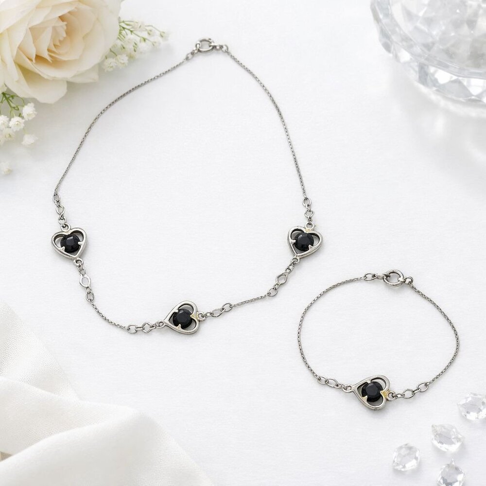 Vintage Silver Tone Heart Pendant Necklace and Bracelet Set Black Stone Accent